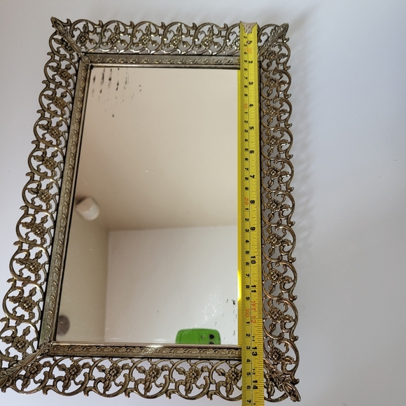 Vintage Ornate Openwork Brass Tone Metal Mirrored Vanity Tray - Picture 14 of 16